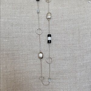 Vintage Silver Tone Long Necklace with Black and White Bead
